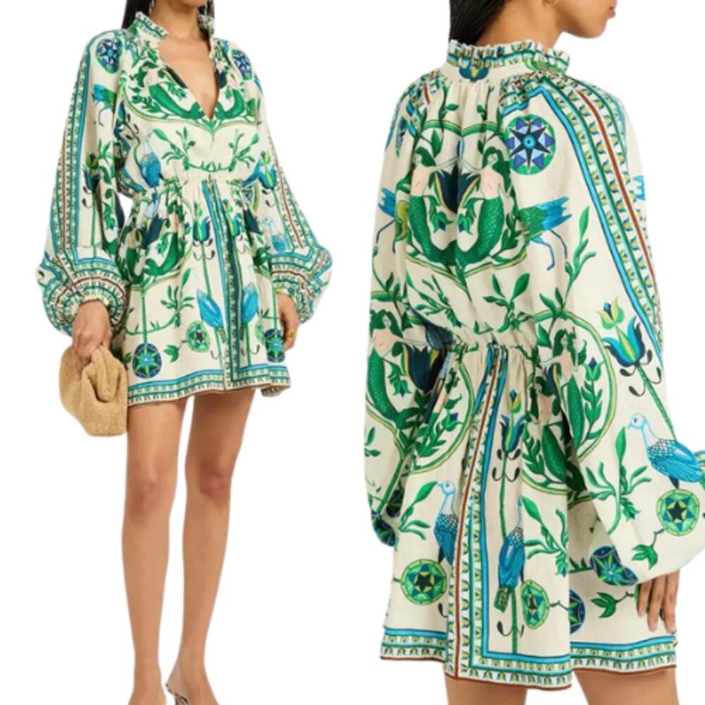 NWT Lug Von Siga Selene Printed Linen V Neck Mini Dress Off White Green Size: 8